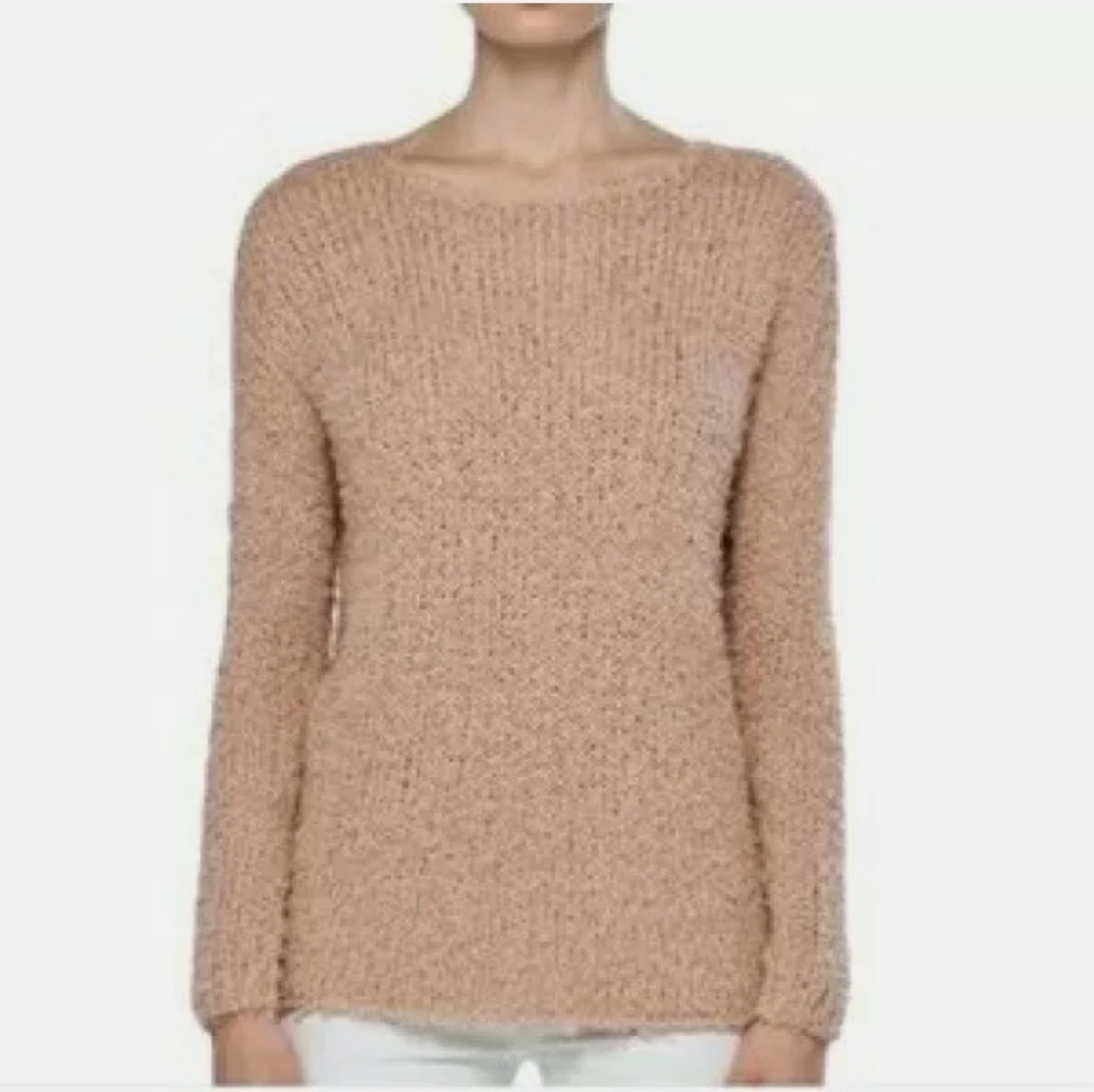 Vince Tan Peach Eyelash Shaggy Open Knit Sweater Size M Boat Neck Long Sleeves - Picture 1 of 9